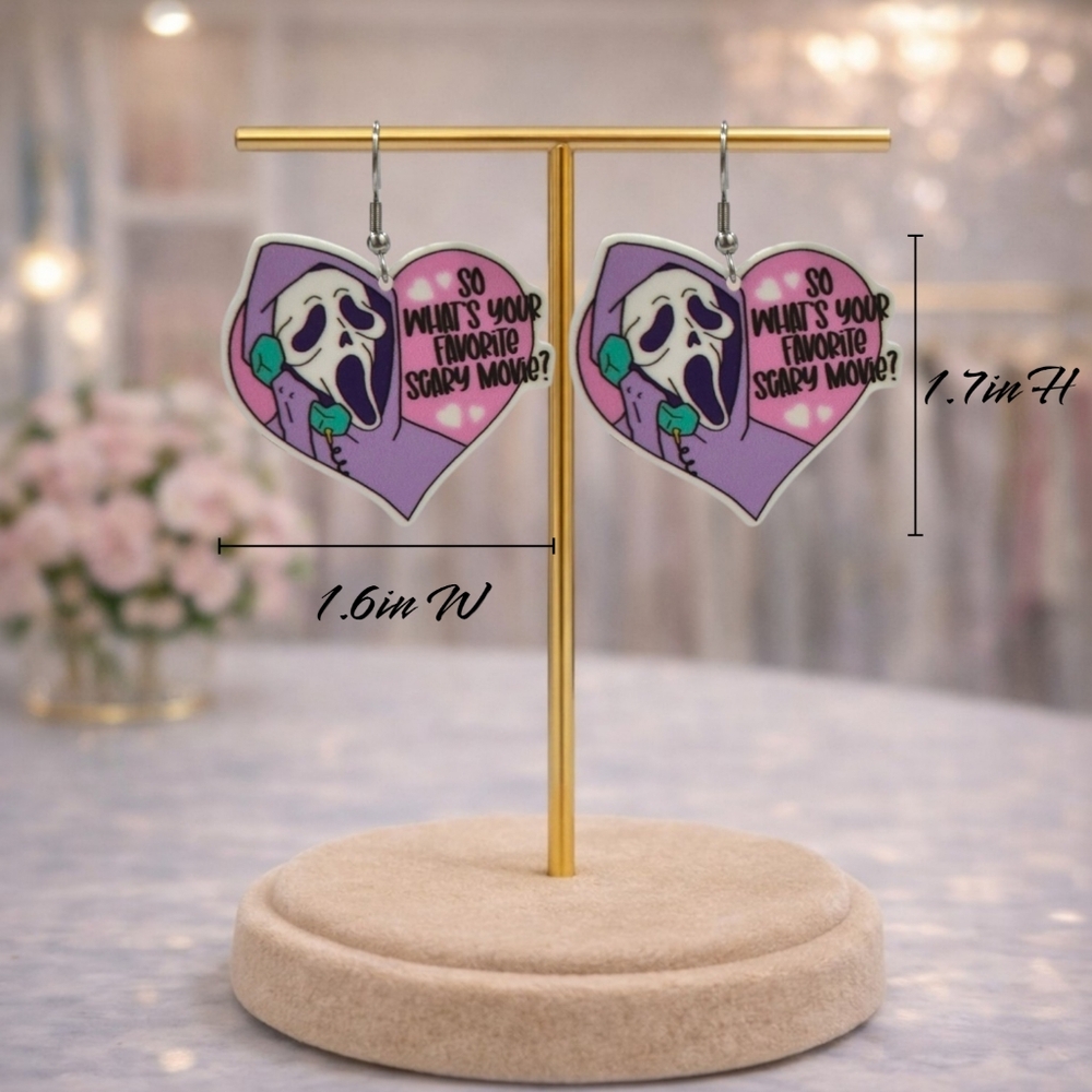 Ghostface Heart Earrings | Horror Movie Inspired Y2K Goth Statement Jewelry - Picture 4 of 4